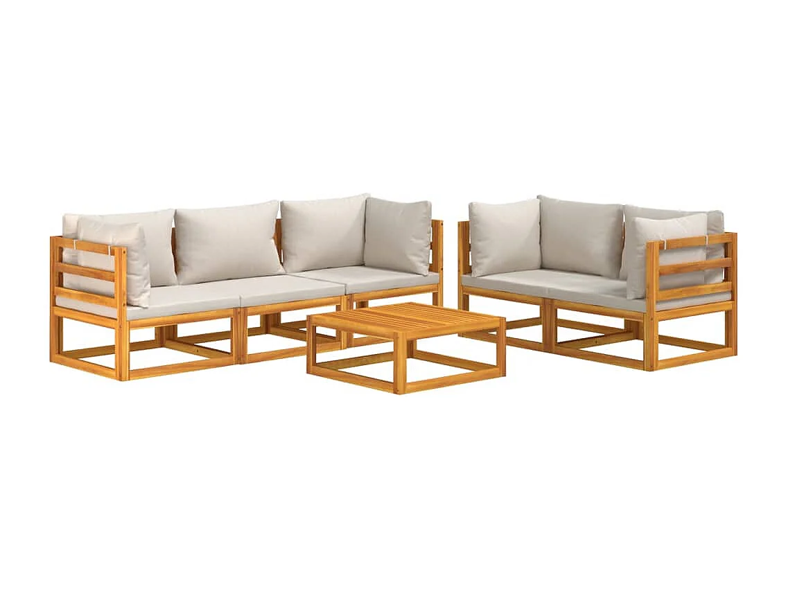 Salon de jardin 6 pcs avec coussins gris clair bois massif