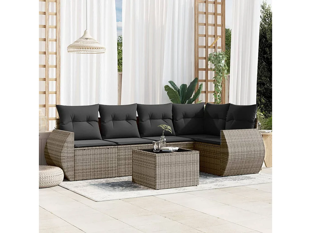 Salon de jardin 6 pcs avec coussins gris résine tressée