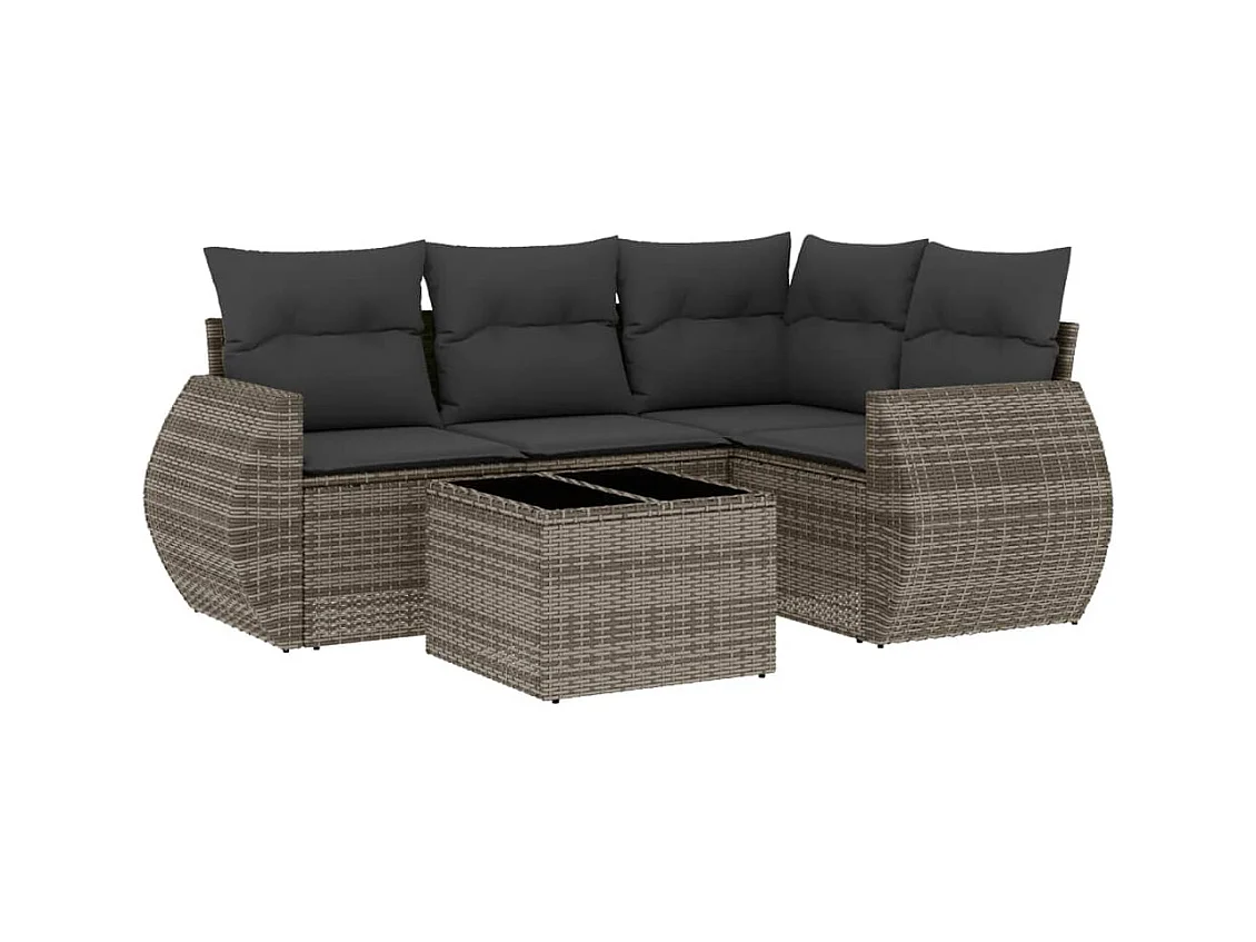Salon de jardin 5 pcs avec coussins gris résine tressée