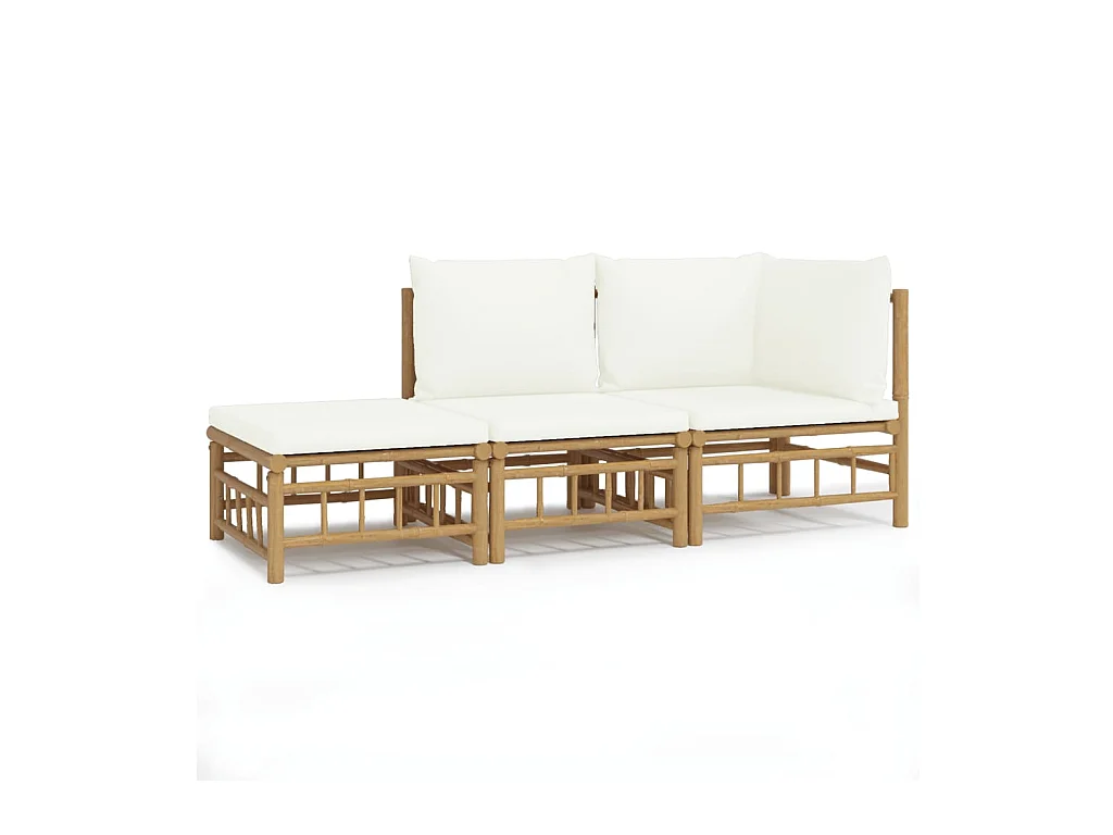 Salon de jardin 3 pcs avec coussins blanc crème bambou