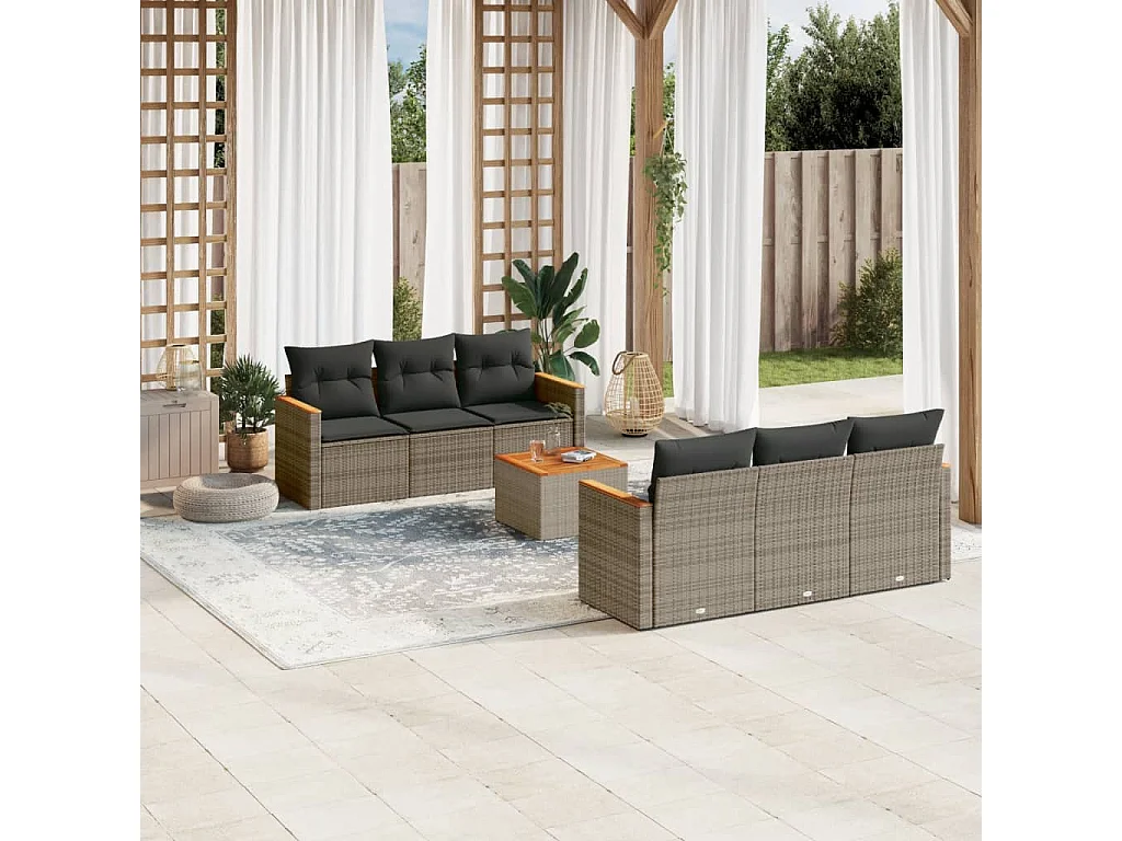Salon de jardin avec coussins 7 pcs gris résine tressée