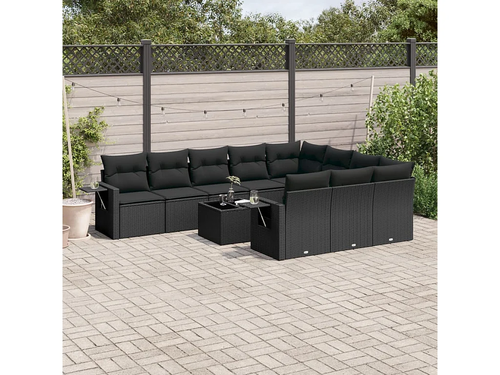Salon de jardin 11 pcs avec coussins noir résine tressée