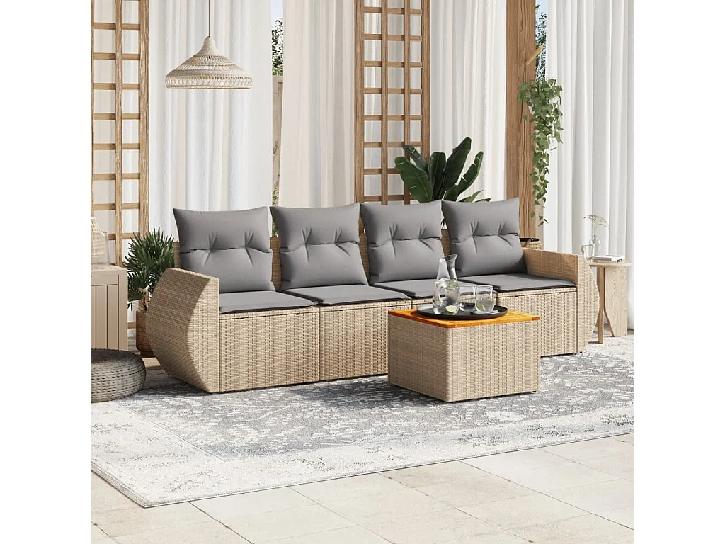 Salon de jardin avec coussins 5 pcs beige résine tressée