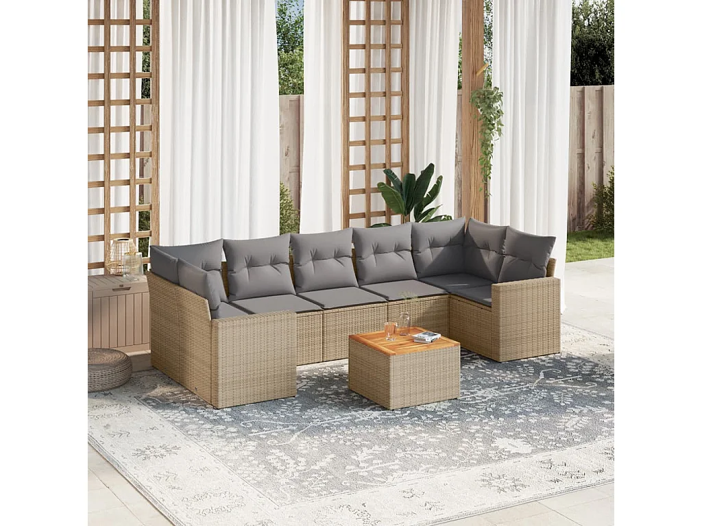 Salon de jardin avec coussins 8 pcs beige résine tressée