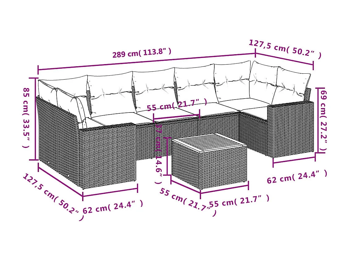 Salon de jardin avec coussins 8 pcs beige résine tressée