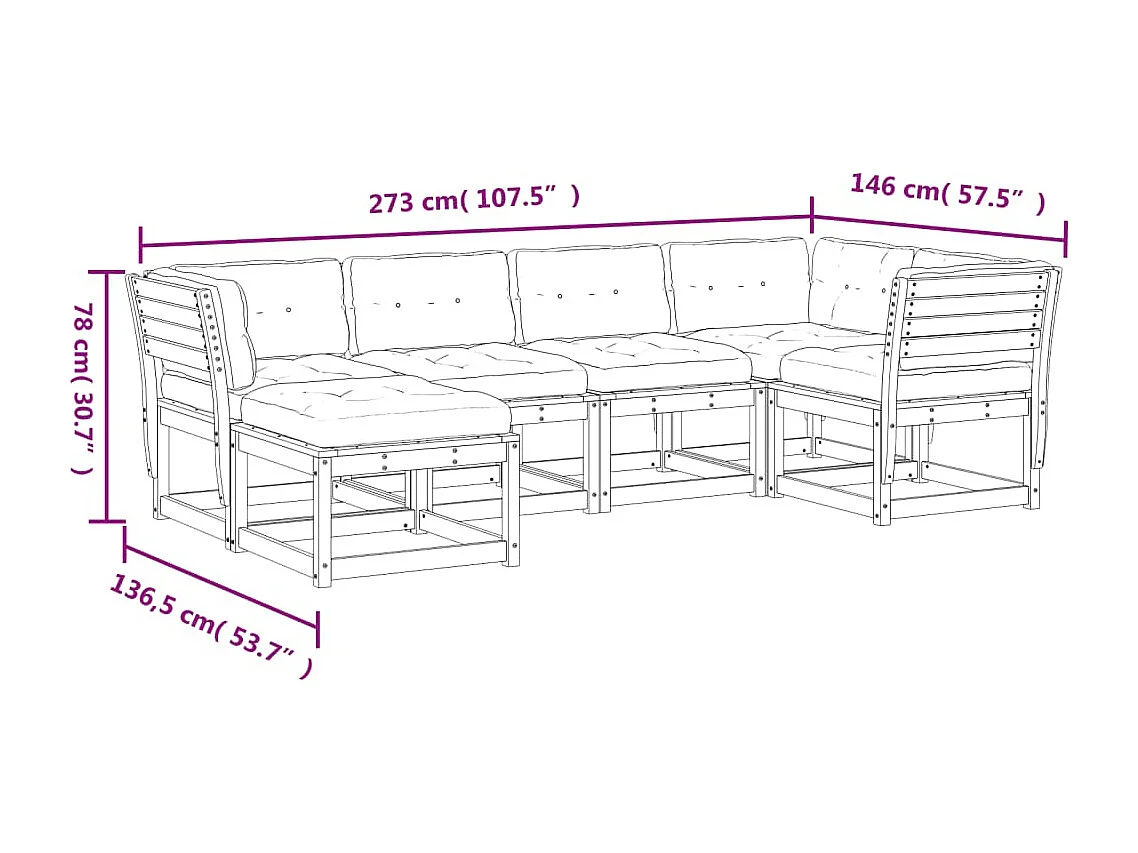 Salon de jardin 6 pcs avec coussins marron bois pin massif