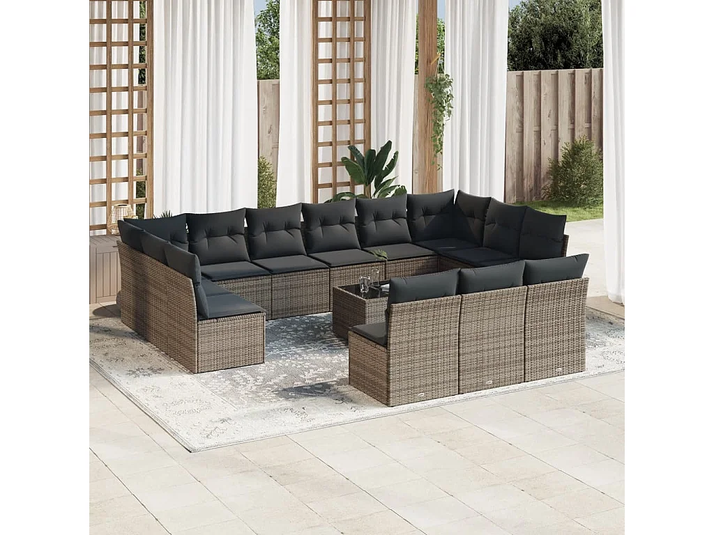 Salon de jardin avec coussins 14 pcs gris résine tressée