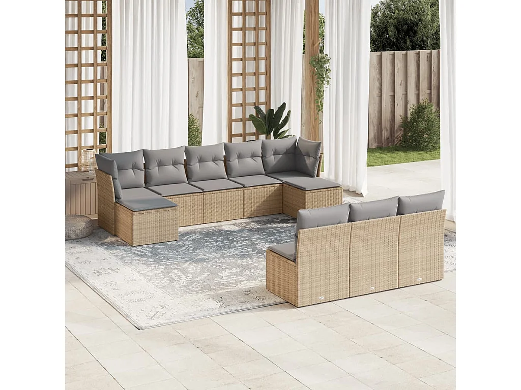 Salon de jardin avec coussins 10 pcs beige résine tressée