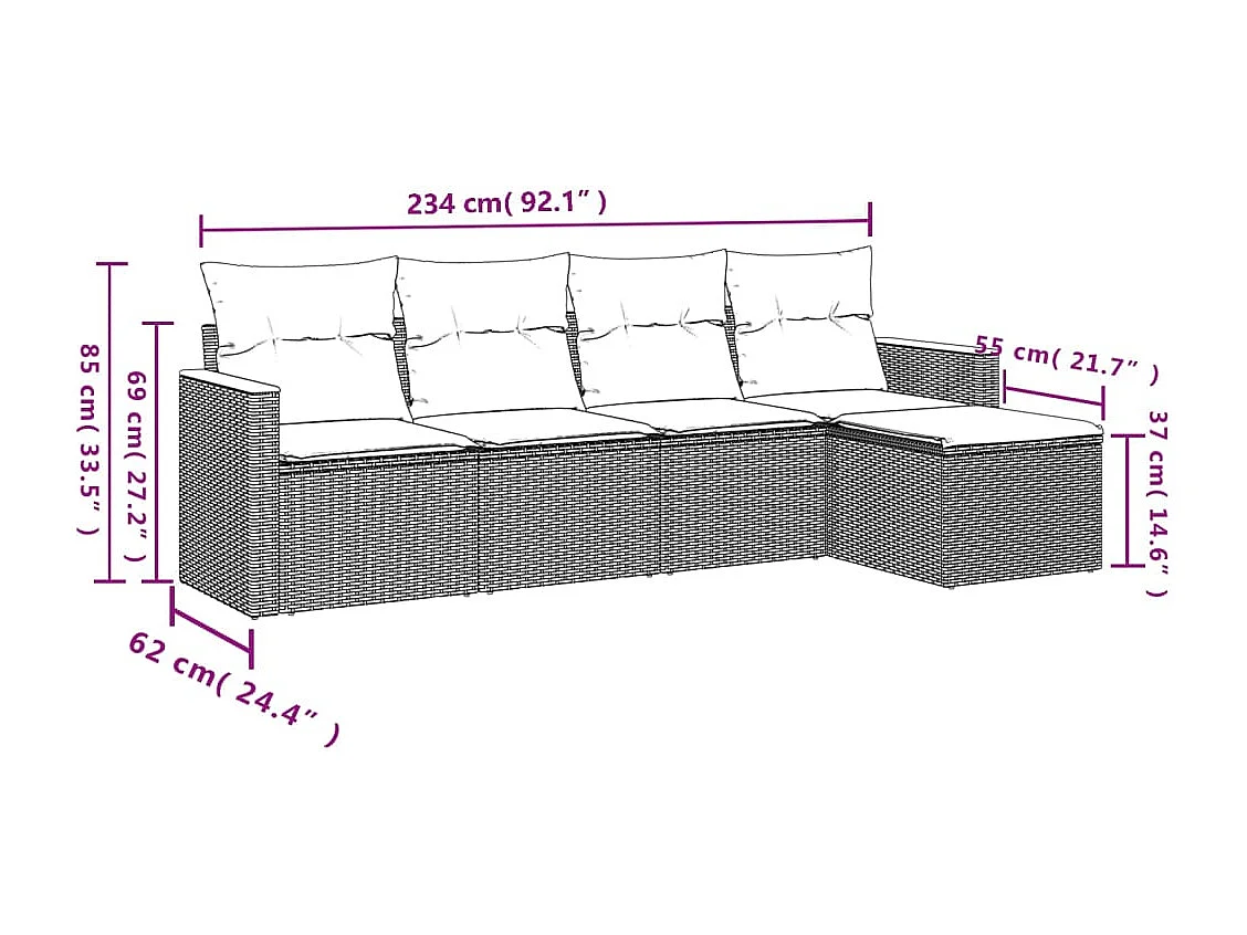 Salon de jardin 5 pcs avec coussins gris résine tressée