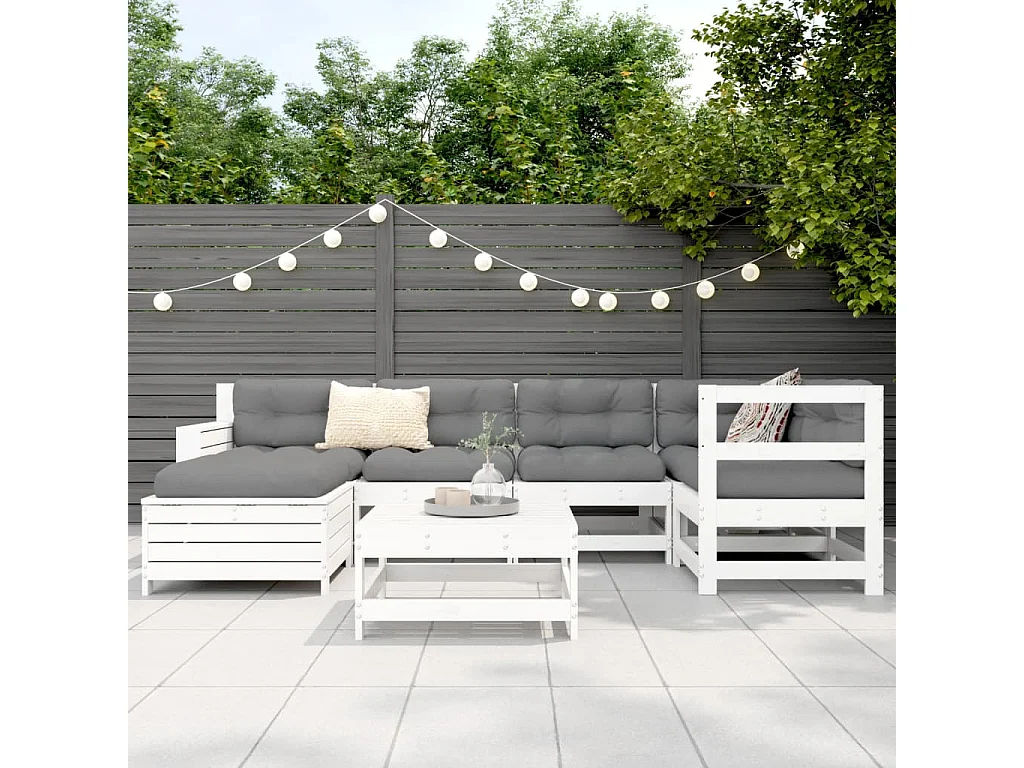 Salon de jardin 7 pcs blanc bois de pin massif