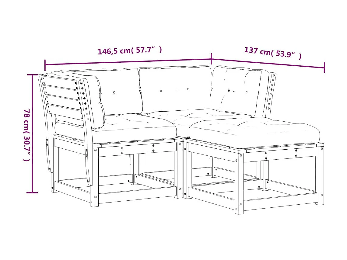 Salon de jardin 3 pcs avec coussins blanc bois massif de pin