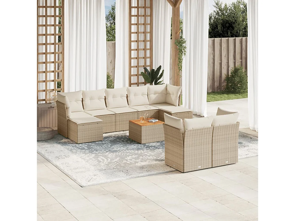 Salon de jardin avec coussins 10 pcs beige résine tressée