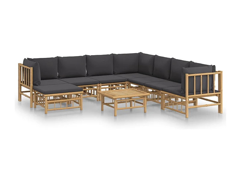 Salon de jardin 9 pcs avec coussins gris foncé bambou