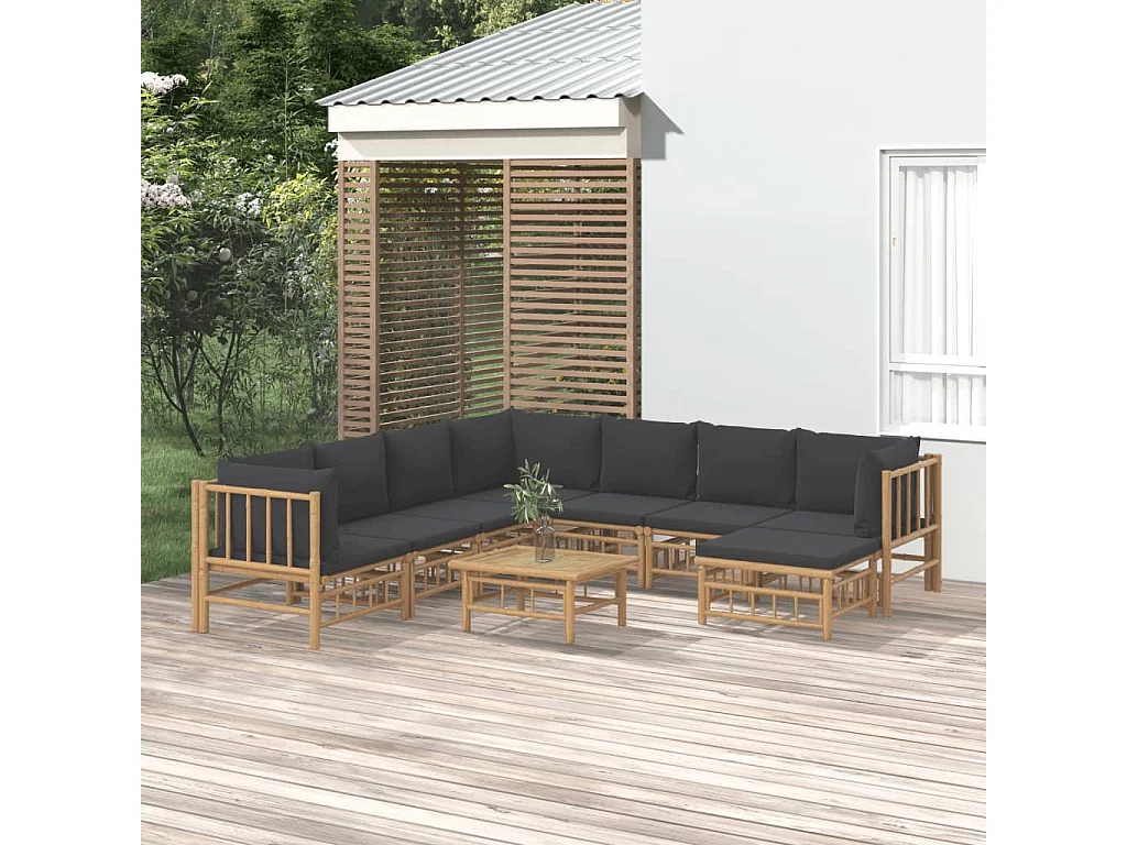 Salon de jardin 9 pcs avec coussins gris foncé bambou