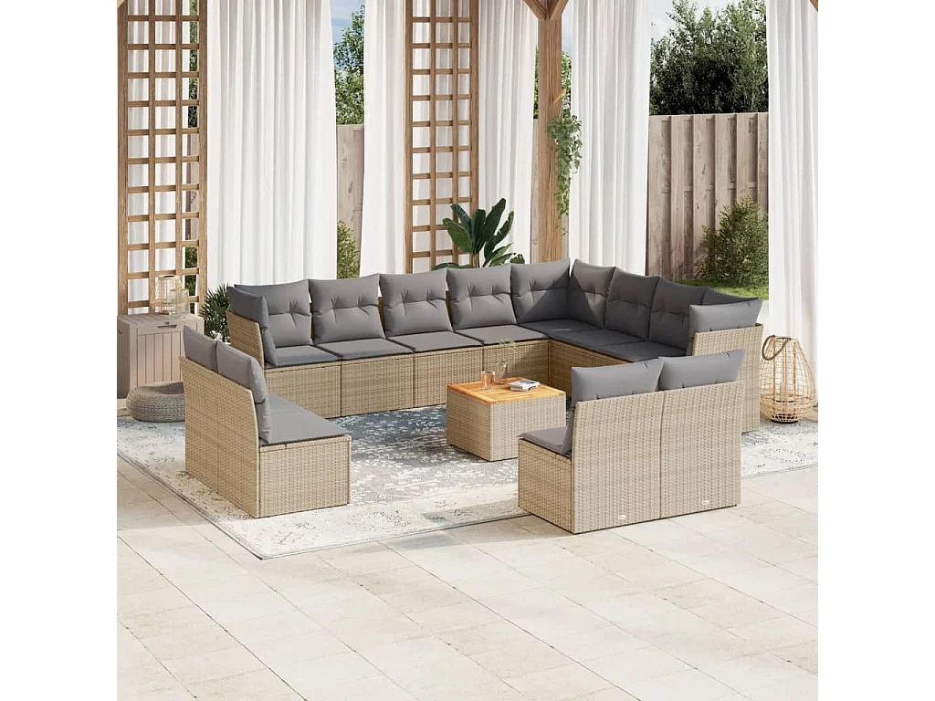 Salon de jardin avec coussins 13 pcs beige résine tressée