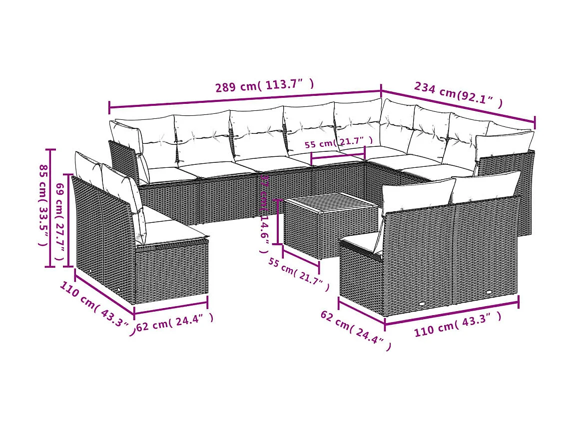 Salon de jardin avec coussins 13 pcs beige résine tressée