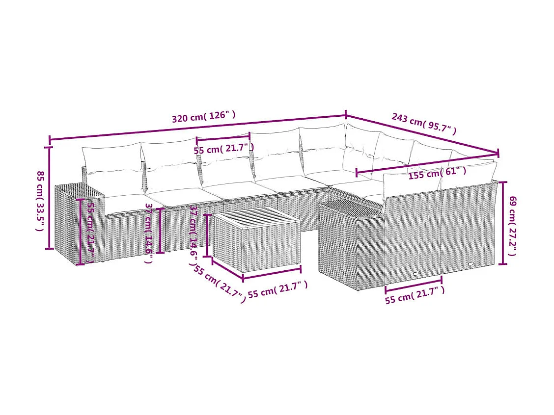 Salon de jardin avec coussins 10 pcs beige résine tressée