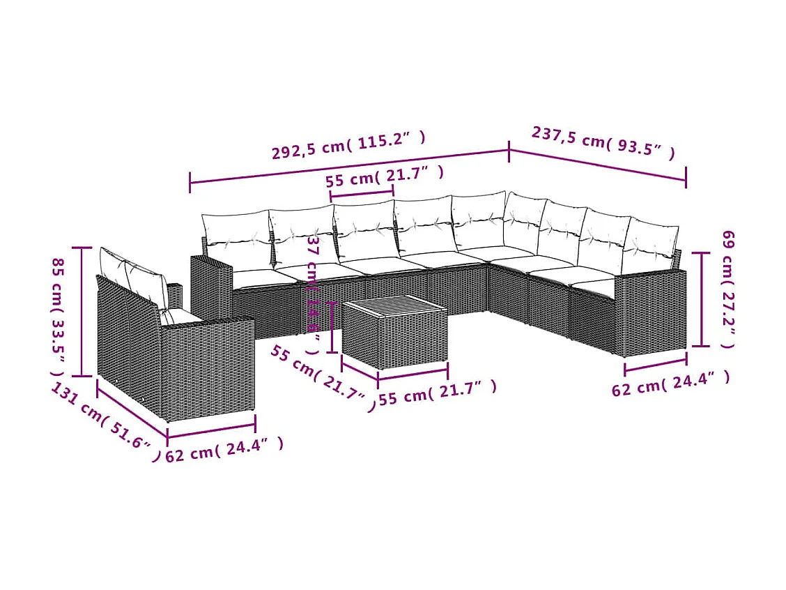 Salon de jardin 11 pcs avec coussins gris résine tressée