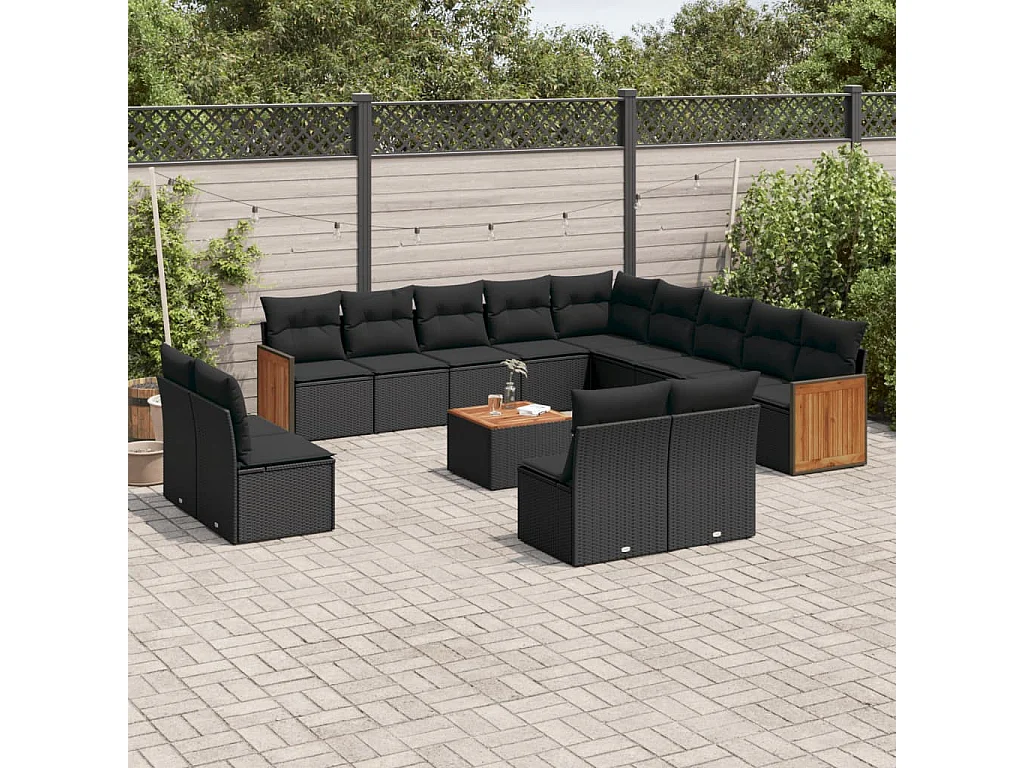 Salon de jardin avec coussins 14 pcs noir résine tressée