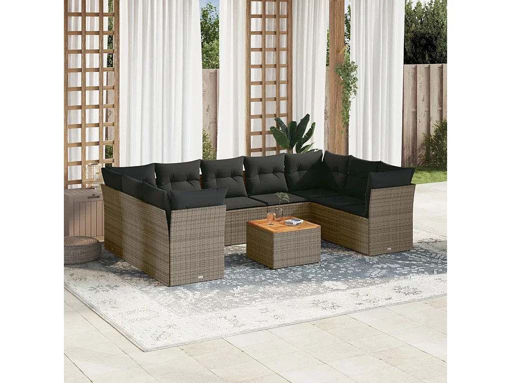 Salon de jardin avec coussins 10 pcs gris résine tressée