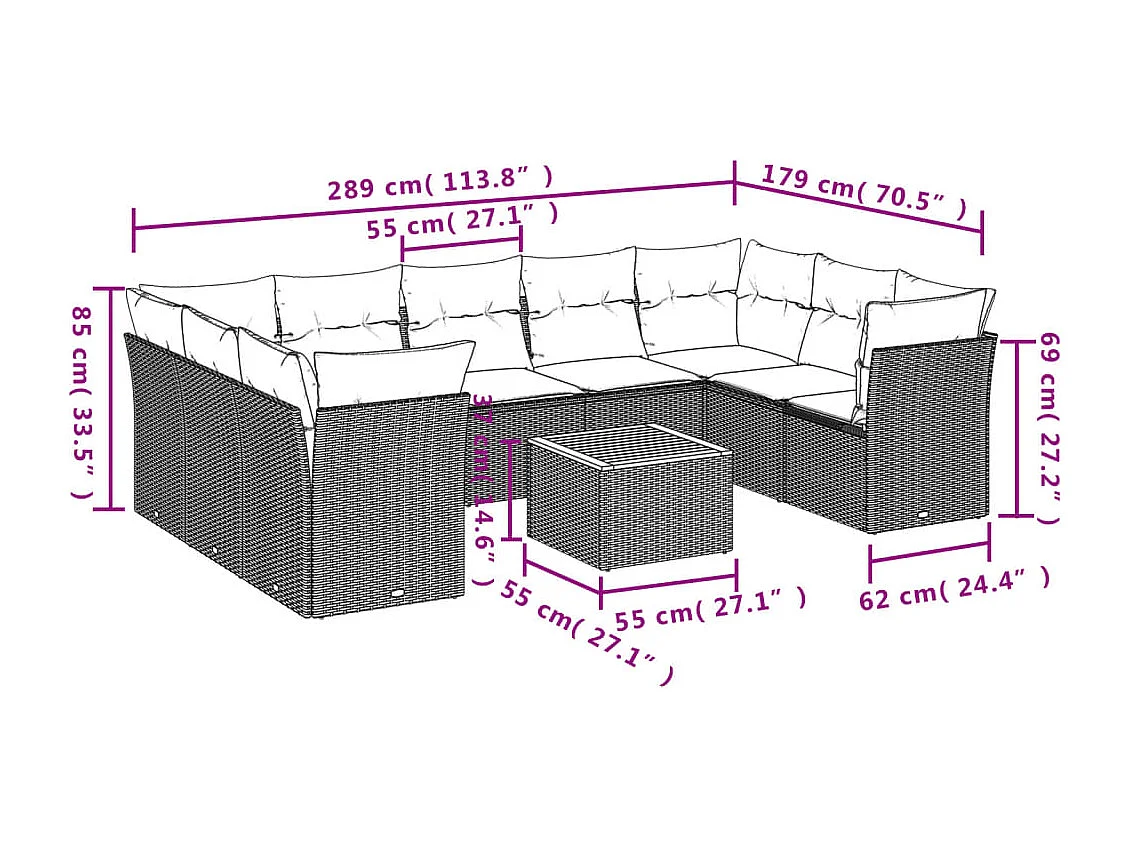 Salon de jardin avec coussins 10 pcs gris résine tressée