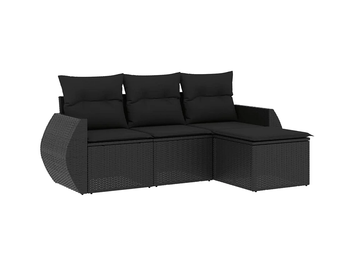 Salon de jardin 4 pcs avec coussins noir résine tressée