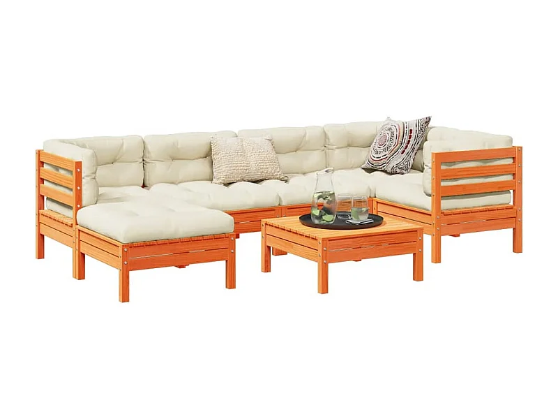 Salon de jardin 7 pcs avec coussins cire marron bois pin massif