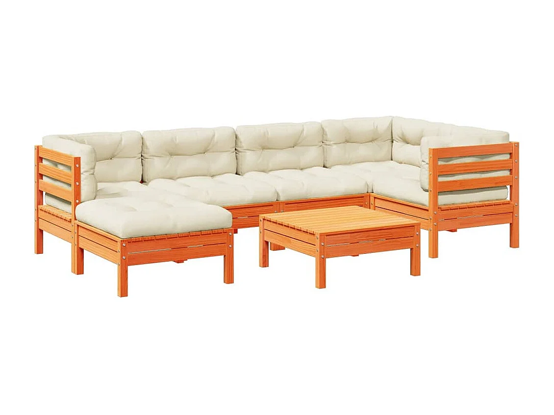 Salon de jardin 7 pcs avec coussins cire marron bois pin massif