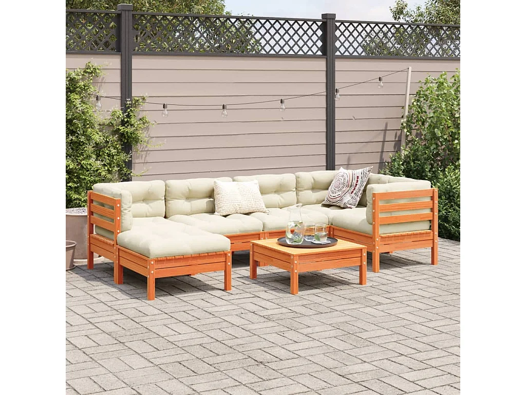 Salon de jardin 7 pcs avec coussins cire marron bois pin massif