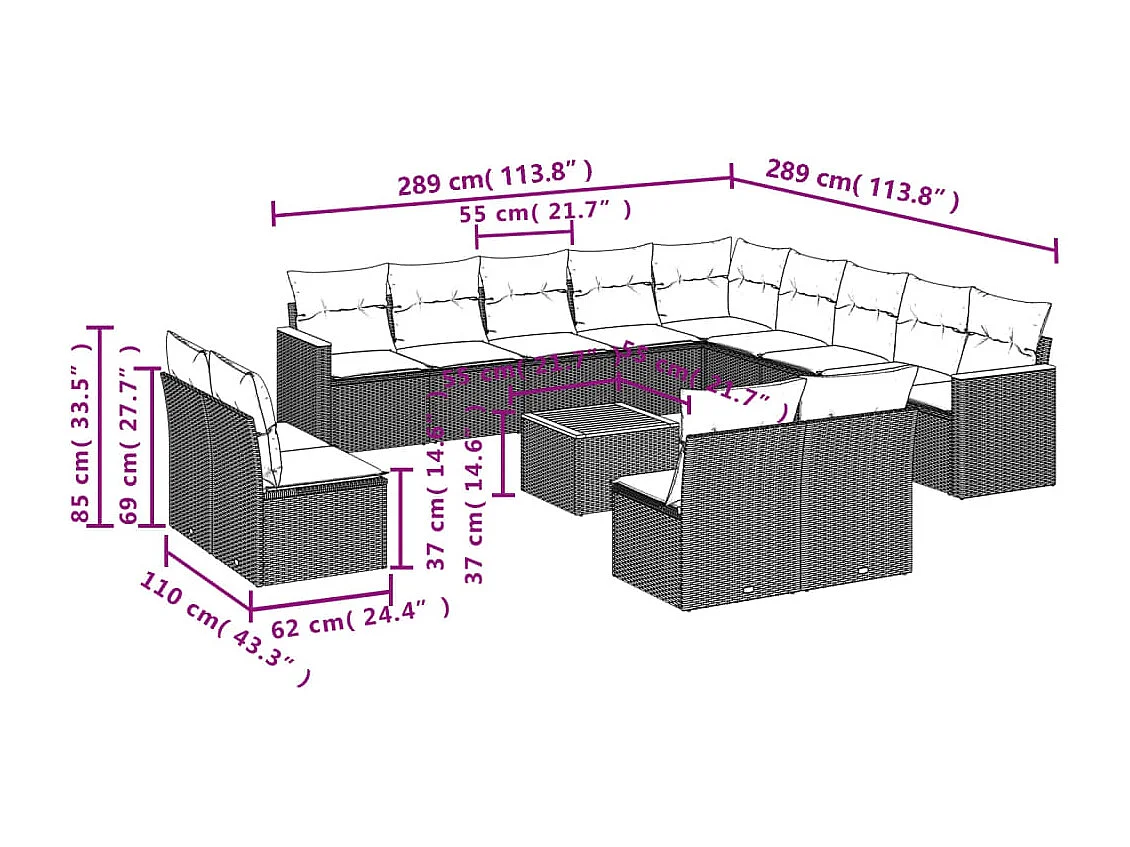 Salon de jardin avec coussins 14 pcs beige résine tressée