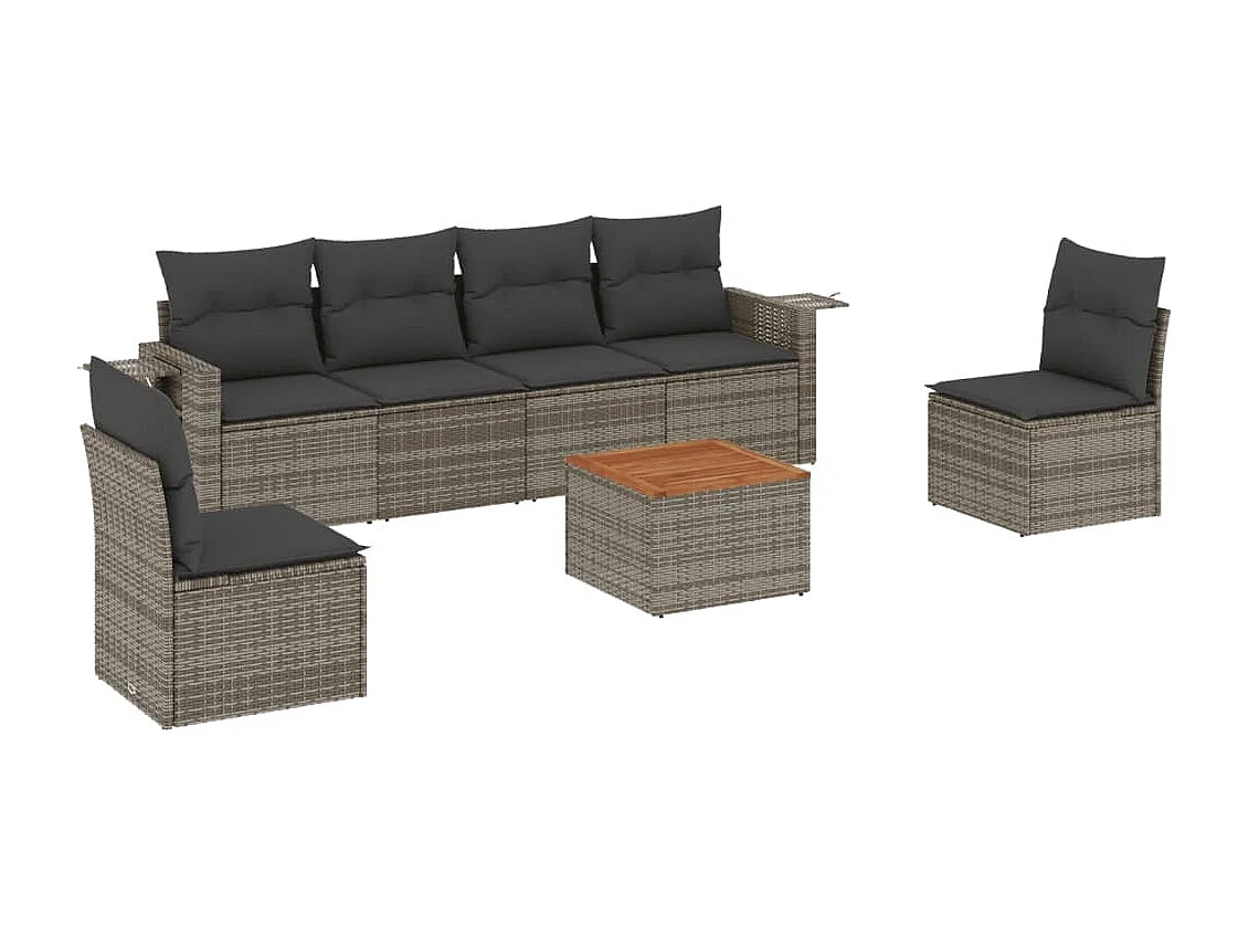 Salon de jardin avec coussins 7 pcs gris résine tressée