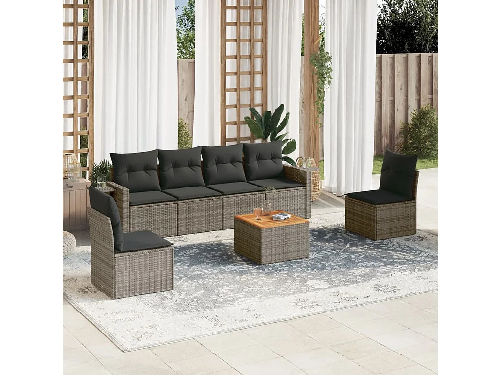 Salon de jardin avec coussins 7 pcs gris résine tressée