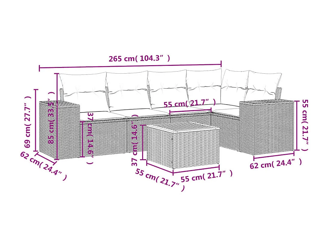Salon de jardin 6 pcs avec coussins noir résine tressée