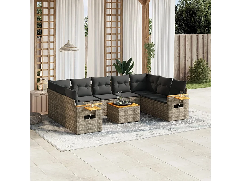 Salon de jardin avec coussins 10 pcs gris résine tressée