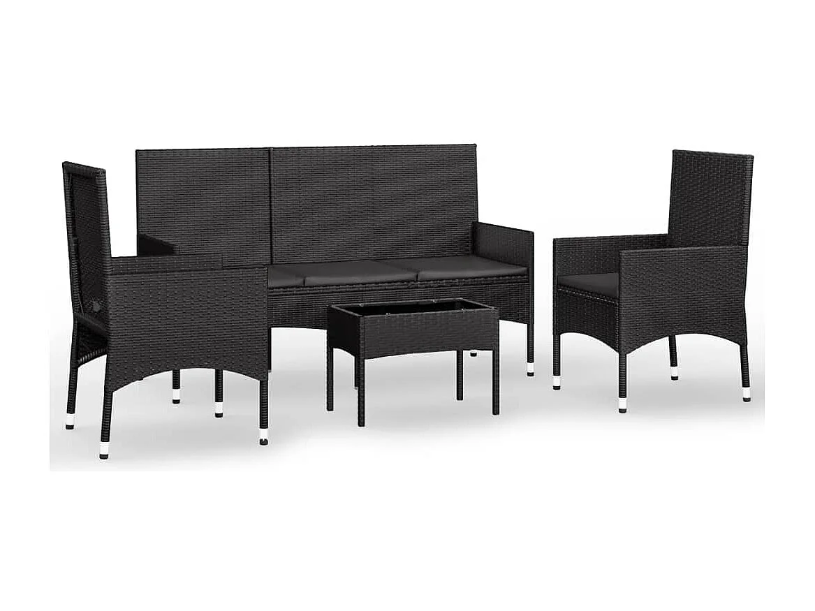 Salon de jardin 4 pcs avec coussins Noir Résine tressée