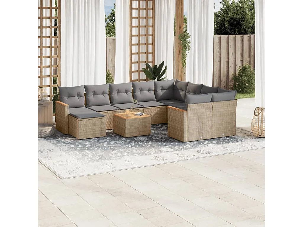 Salon de jardin 11 pcs avec coussins beige résine tressée