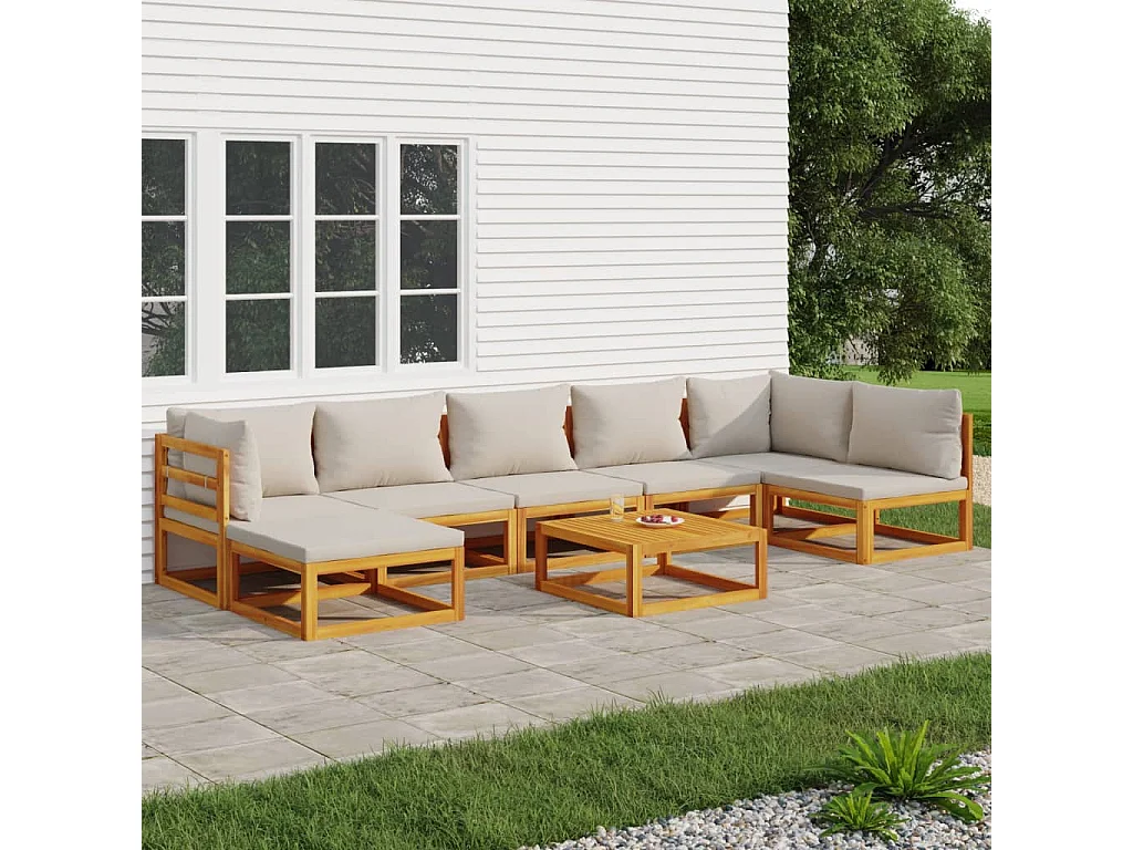 Salon de jardin 8 pcs avec coussins gris clair bois massif