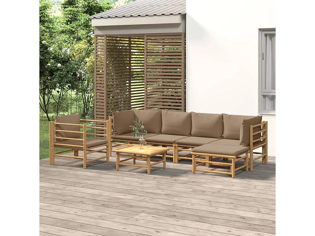 Salon de jardin 7 pcs avec coussins taupe bambou