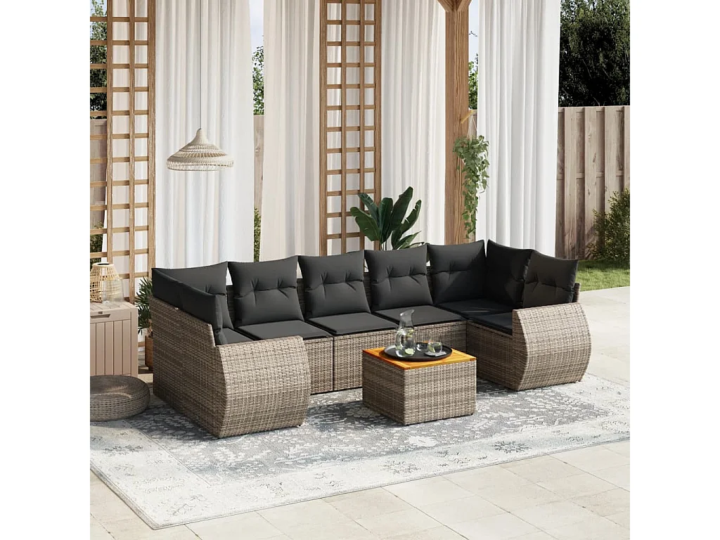 Salon de jardin 8 pcs avec coussins gris résine tressée