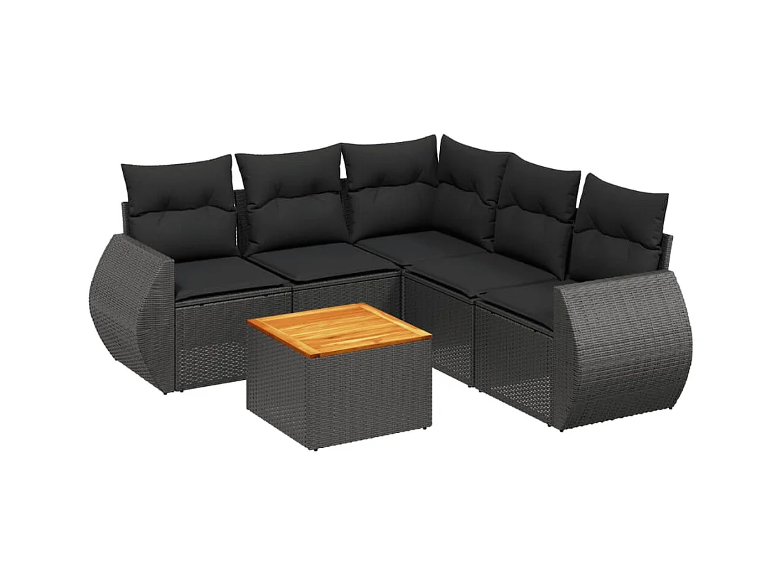 Salon de jardin 6 pcs avec coussins noir résine tressée