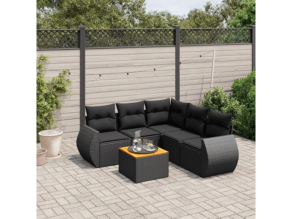 Salon de jardin 6 pcs avec coussins noir résine tressée