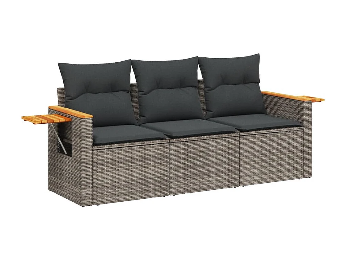 Salon de jardin avec coussins 3 pcs gris résine tressée