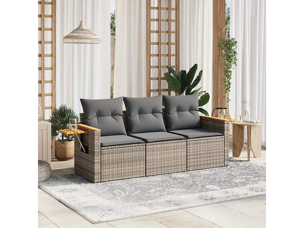 Salon de jardin avec coussins 3 pcs gris résine tressée