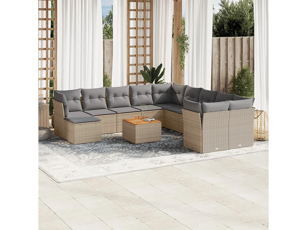 Salon de jardin avec coussins 12 pcs beige résine tressée