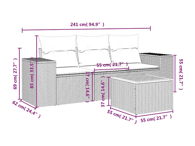Salon de jardin 4 pcs avec coussins gris résine tressée
