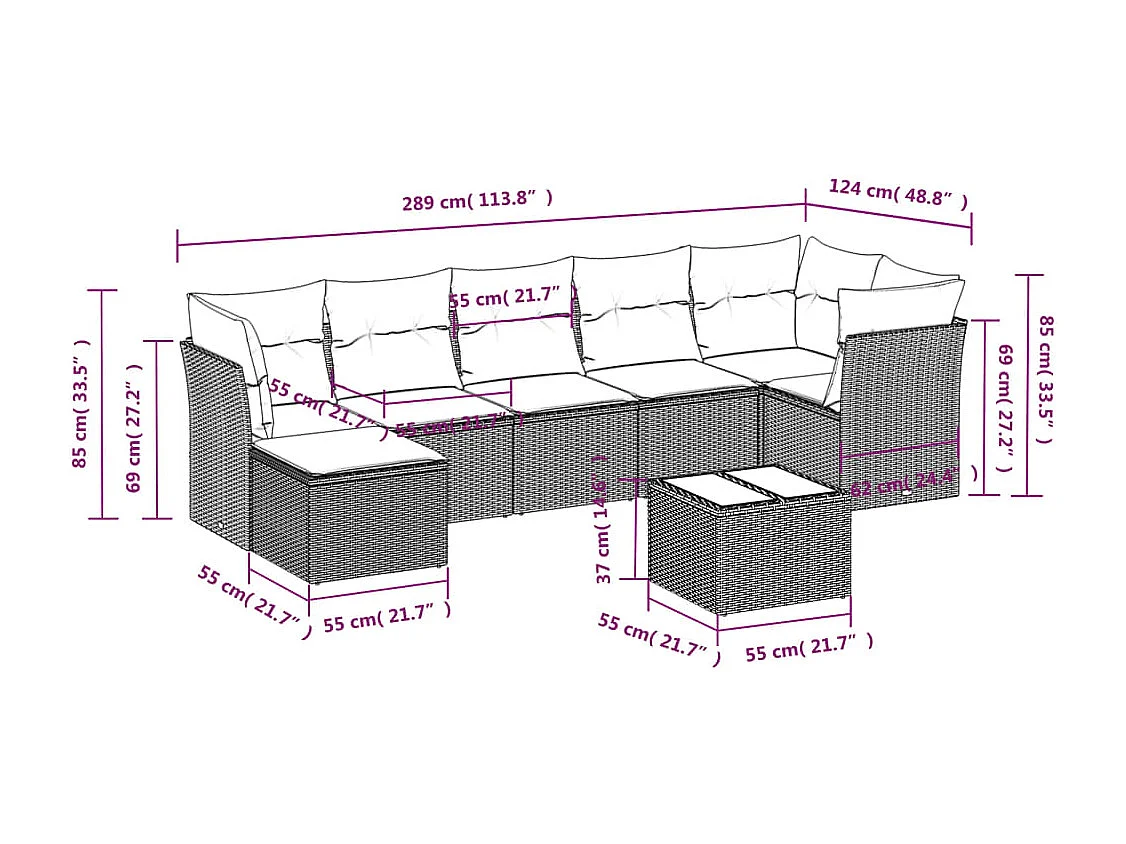 Salon de jardin 8 pcs avec coussins gris résine tressée