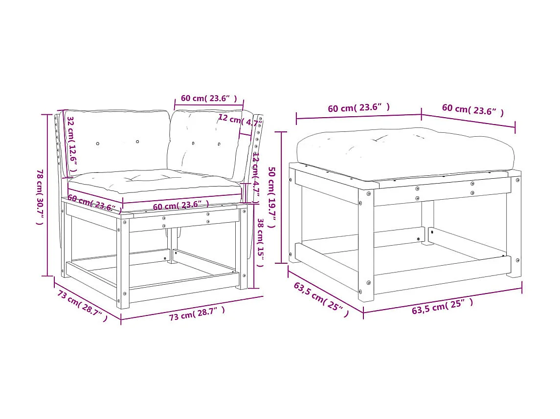 Salon de jardin 3 pcs avec coussins marron bois pin massif