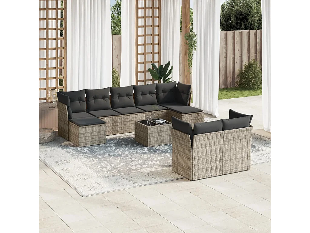 Salon de jardin avec coussins 10 pcs gris résine tressée