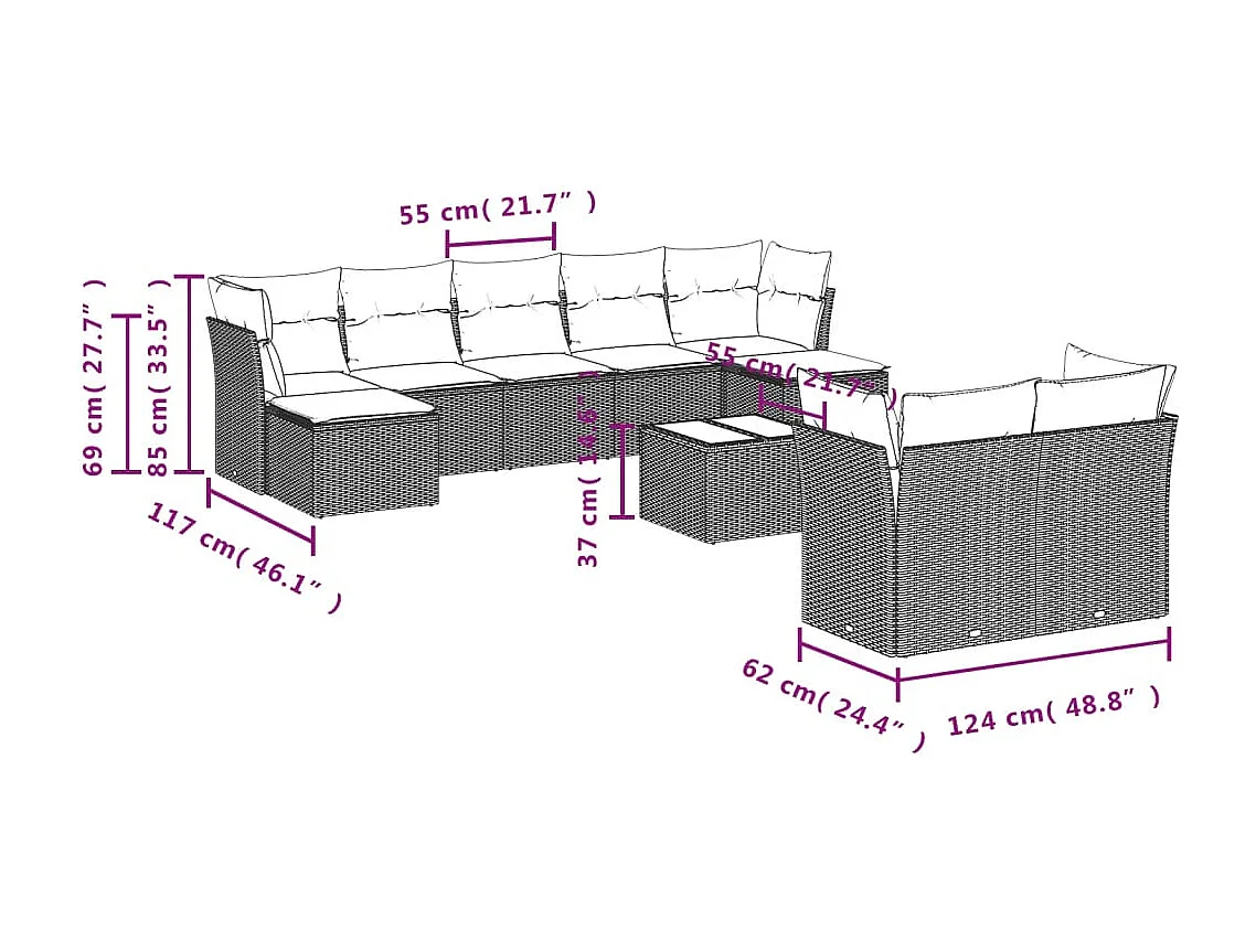 Salon de jardin avec coussins 10 pcs gris résine tressée
