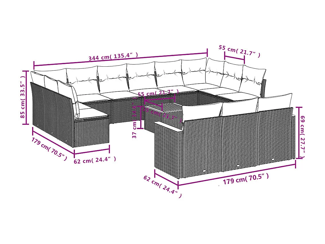 Salon de jardin avec coussins 14 pcs noir résine tressée